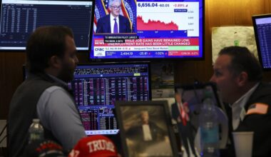 A livestream shows Jerome Powell, chairman of the U.S. Federal Reserve, speaking after the Federal Open Market Committee (FOMC) meeting on the floor of the New York Stock Exchange.