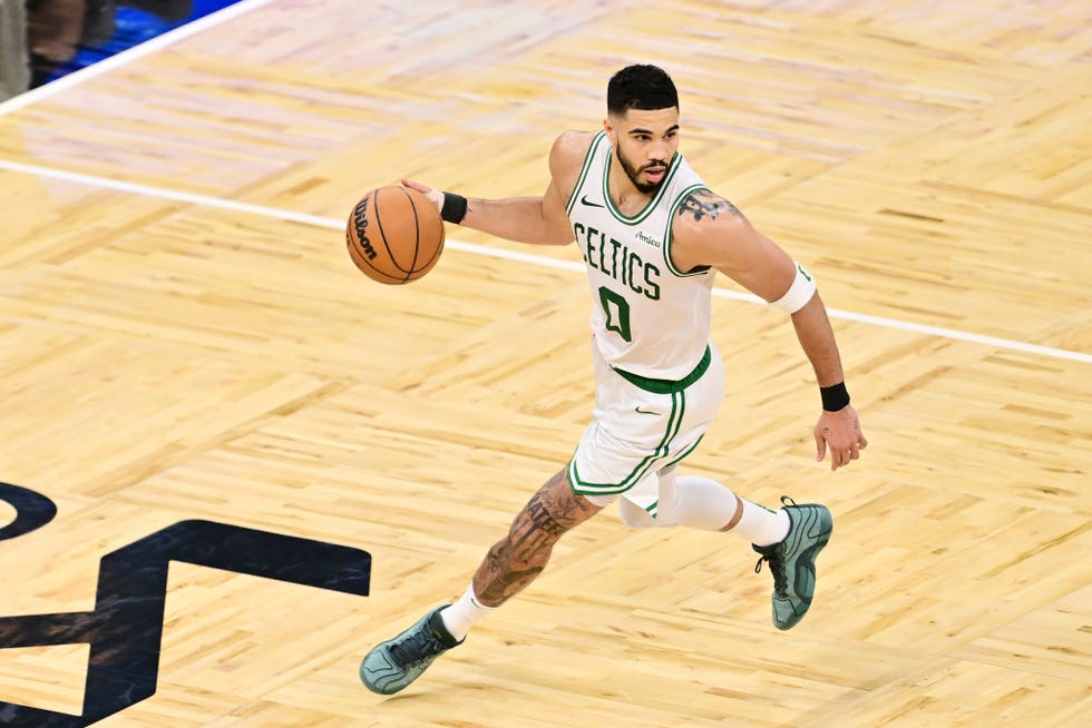 orlando, florida april 27 jayson tatum 0 of the boston celtics dribbles the ball during game 4 of the first round of the 2025 nba playoffs against the orlando magic at kia center on april 27, 2025 in orlando, florida note to user user expressly acknowledges and agrees that, by downloading and or using this photograph, user is consenting to the terms and conditions of the getty images license agreement photo by julio aguilargetty images