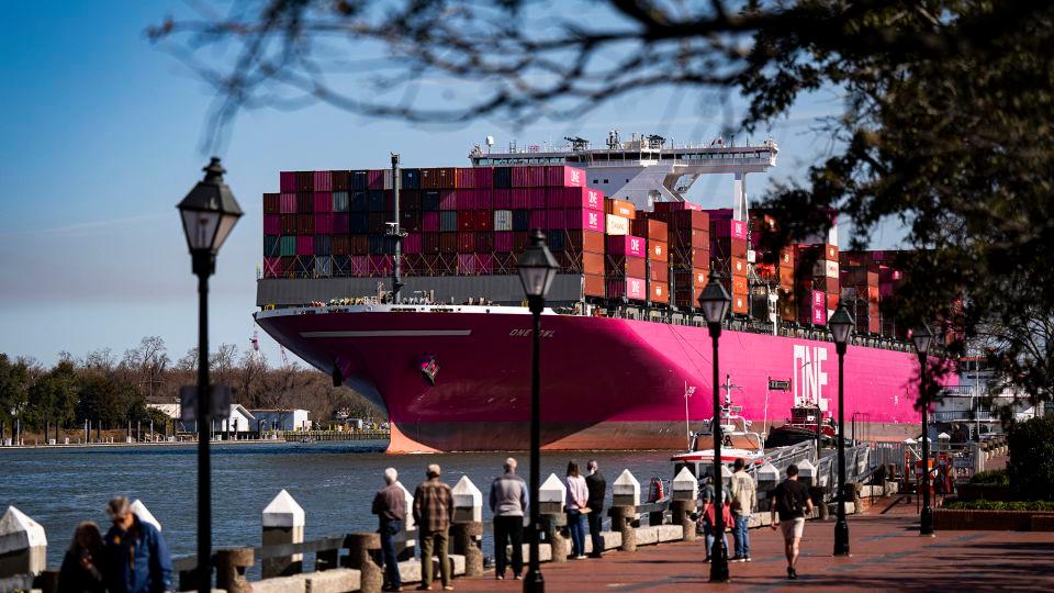 The Ocean Network Express container vessel, originally from Japan, floats on the Savannah River on February 12, 2026, in Savannah, Georgia. - Al Drago/Getty Images