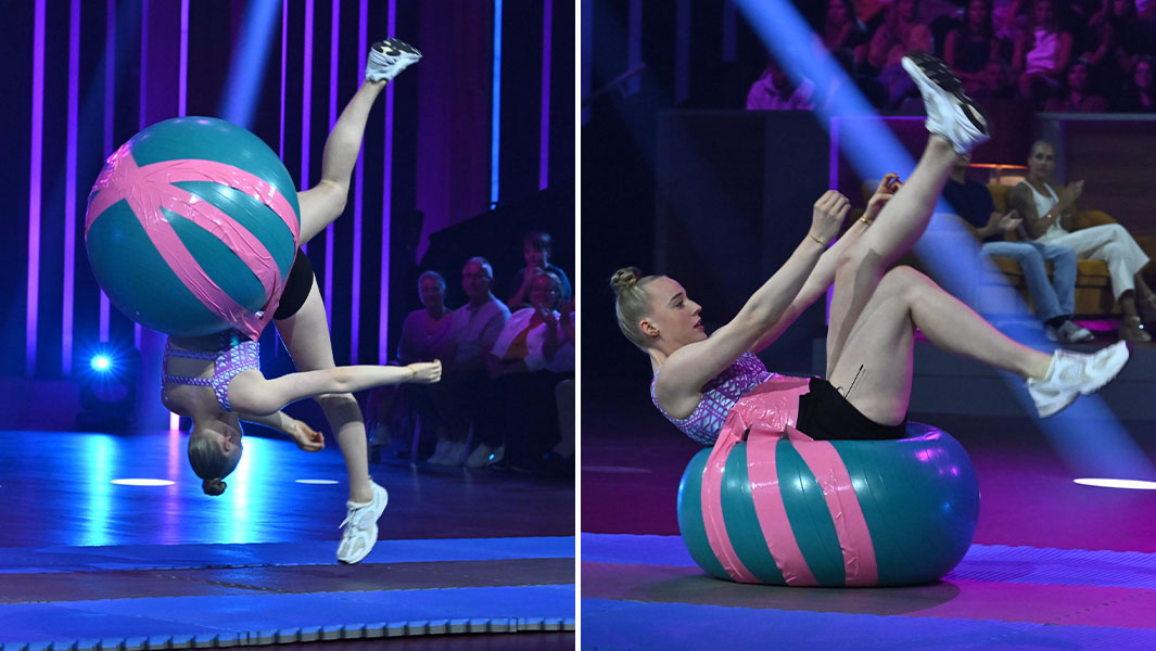 split image of Merle doing exercise ball somersaults