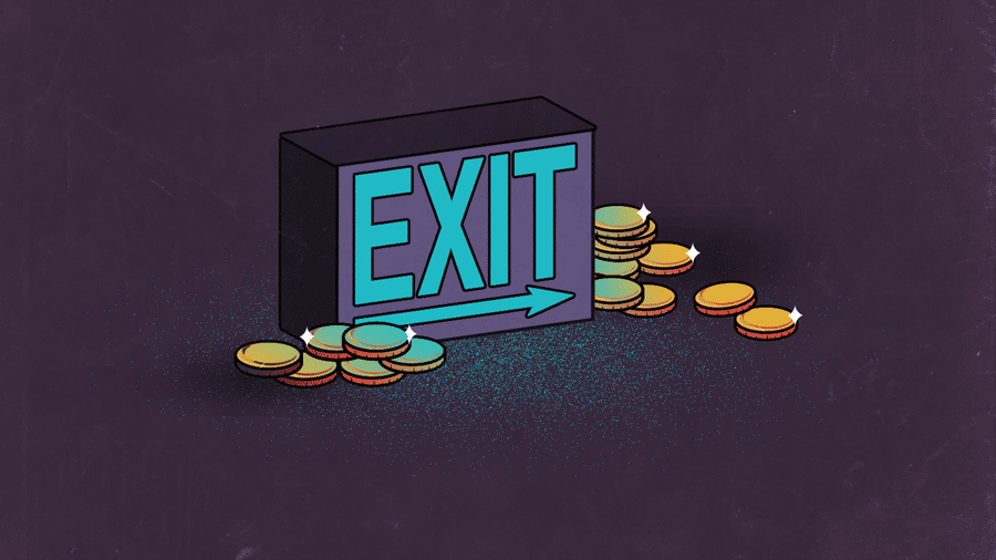 illustration of EXIT sign with gold coins scattered around it