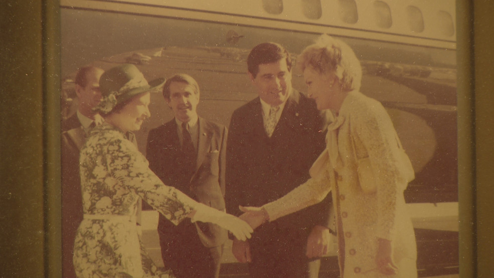 Former Rhode Island Gov. Philip Noel greets Queen Elizabeth II during her 1976 visit to Newport. (WJAR){ }