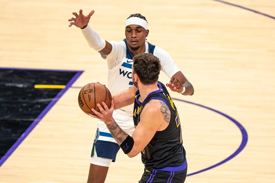 Los Angeles Lakers guard Luka Doncic (77) looking to pass the basketball during an NBA basketball game against the Minnesota Timberwolves on March 10th, 2026 in Los Angeles, CA.