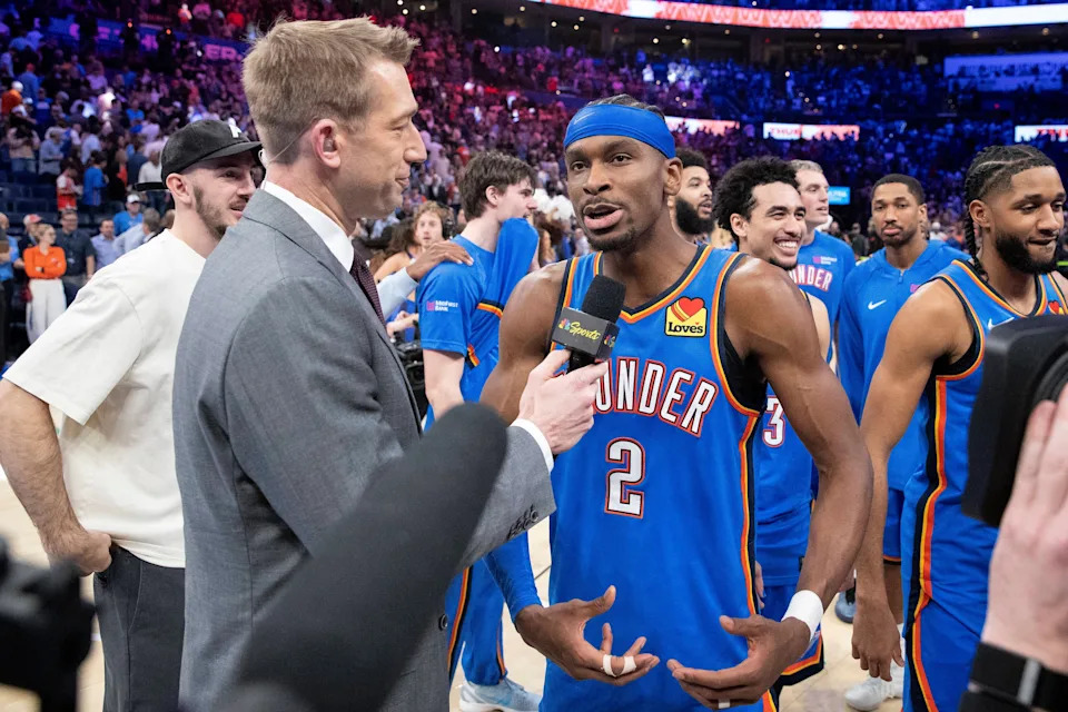 Mar 9, 2026; Oklahoma City, Oklahoma, USA; Oklahoma City Thunder guard Shai Gilgeous-Alexander (2) talks to the tv media after defeating the Denver Nuggets during the second half at Paycom Center. Mandatory Credit: Alonzo Adams-Imagn Images