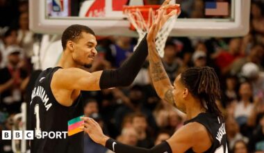 Victor Wembanyama celebrates with San Antonio Spurs team-mate Devin Vassell during their win over the Los Angeles Clippers on 6 March 2026