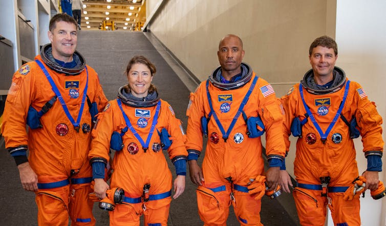 The Artemis II crew members (left to right): mission specialist Jeremy Hansen CSA (Canadian Space Agency), mission specialist Christina Koch, pilot Victor Glover, and commander Reid Wiseman (Nasa).