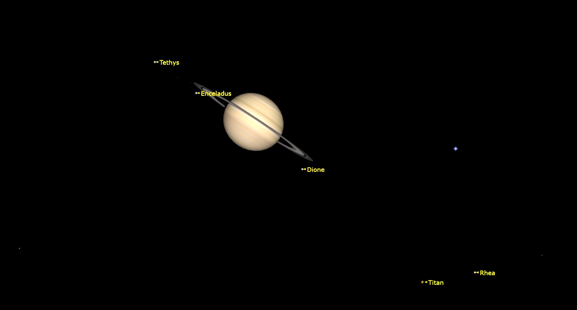 night sky graphic with saturn appearing almost side on with thin rings. several moons surround the ringed giant.