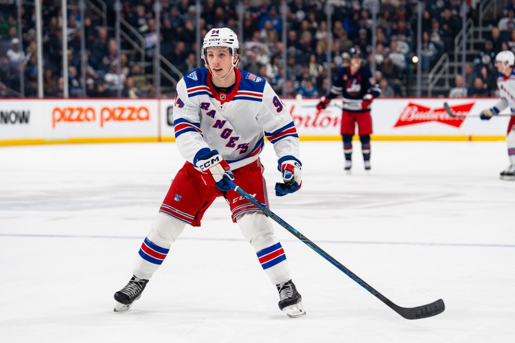 Gabe Perreault of the New York Rangers skating during a hockey game.
