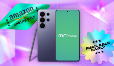 samsung galaxy s26 and Mint mobile against CNET's purple commerce background.