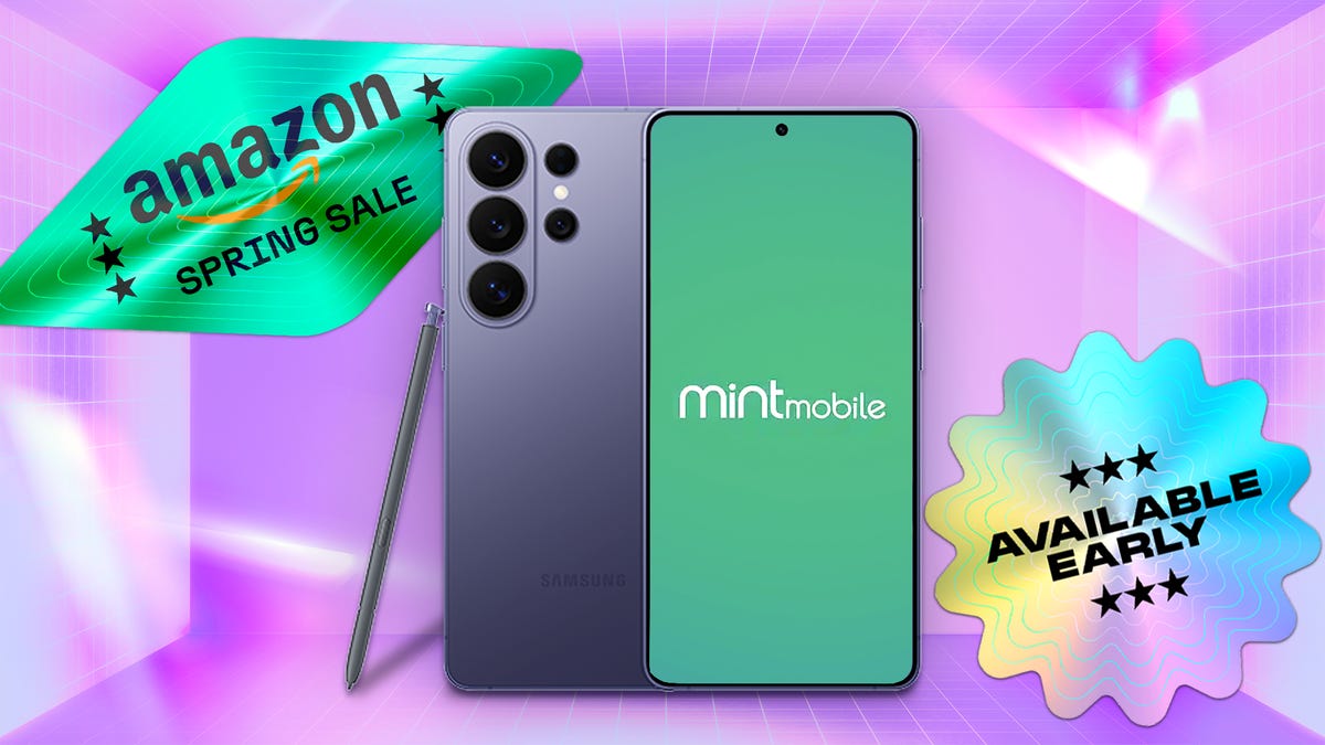 samsung galaxy s26 and Mint mobile against CNET's purple commerce background.