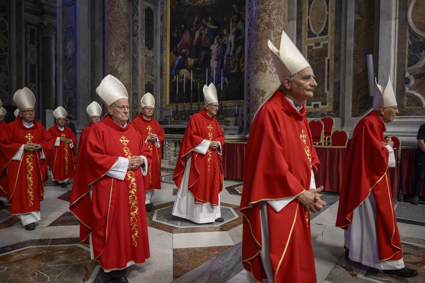 Cardinals arrive to attend the sixth Novemdiales mass held for the late Pope Francis in St. Peters Basilica, on May 1, 2025.