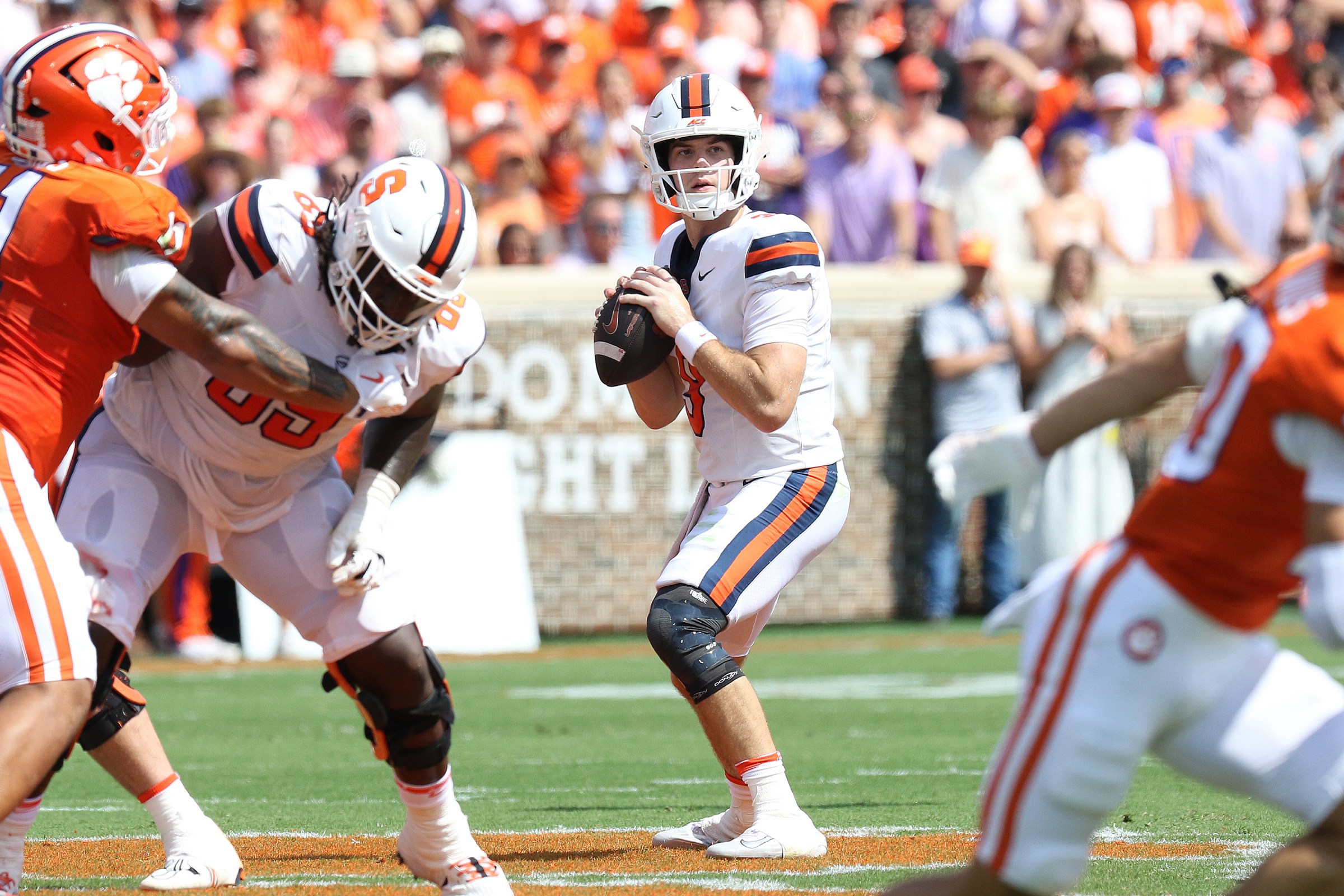 CLEMSON, SC - SEPTEMBER 20: Syracuse Orange quarterback Steve Angeli (9) during a college football game between the Syracuse Orange and the Clemson Tigers on September 20, 2025 at Clemson Memorial Stadium in Clemson, S.C. (Photo by John Byrum/Icon Sportswire via Getty Images)