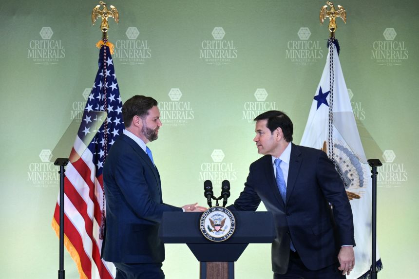 Vice President JD Vance shakes hands with Secretary of State Marco Rubio at the State Department in Washington, DC, on February 4, 2026.