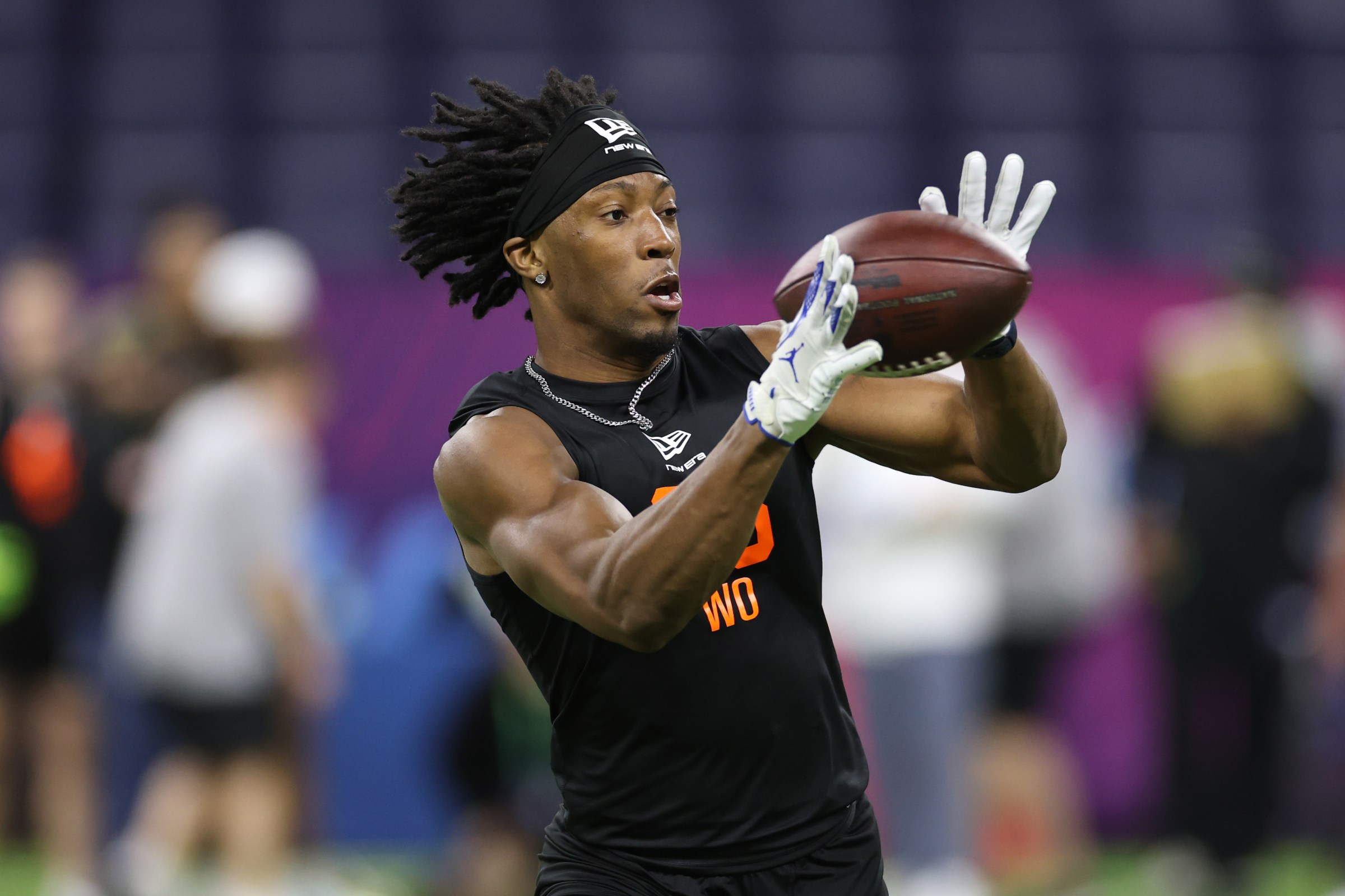 INDIANAPOLIS, INDIANA - FEBRUARY 28: J Michael Sturdivant of the Florida Gators participates in a drill during the 2026 NFL Scouting Combine at Lucas Oil Stadium on February 28, 2026 in Indianapolis, Indiana. (Photo by Stacy Revere/Getty Images)