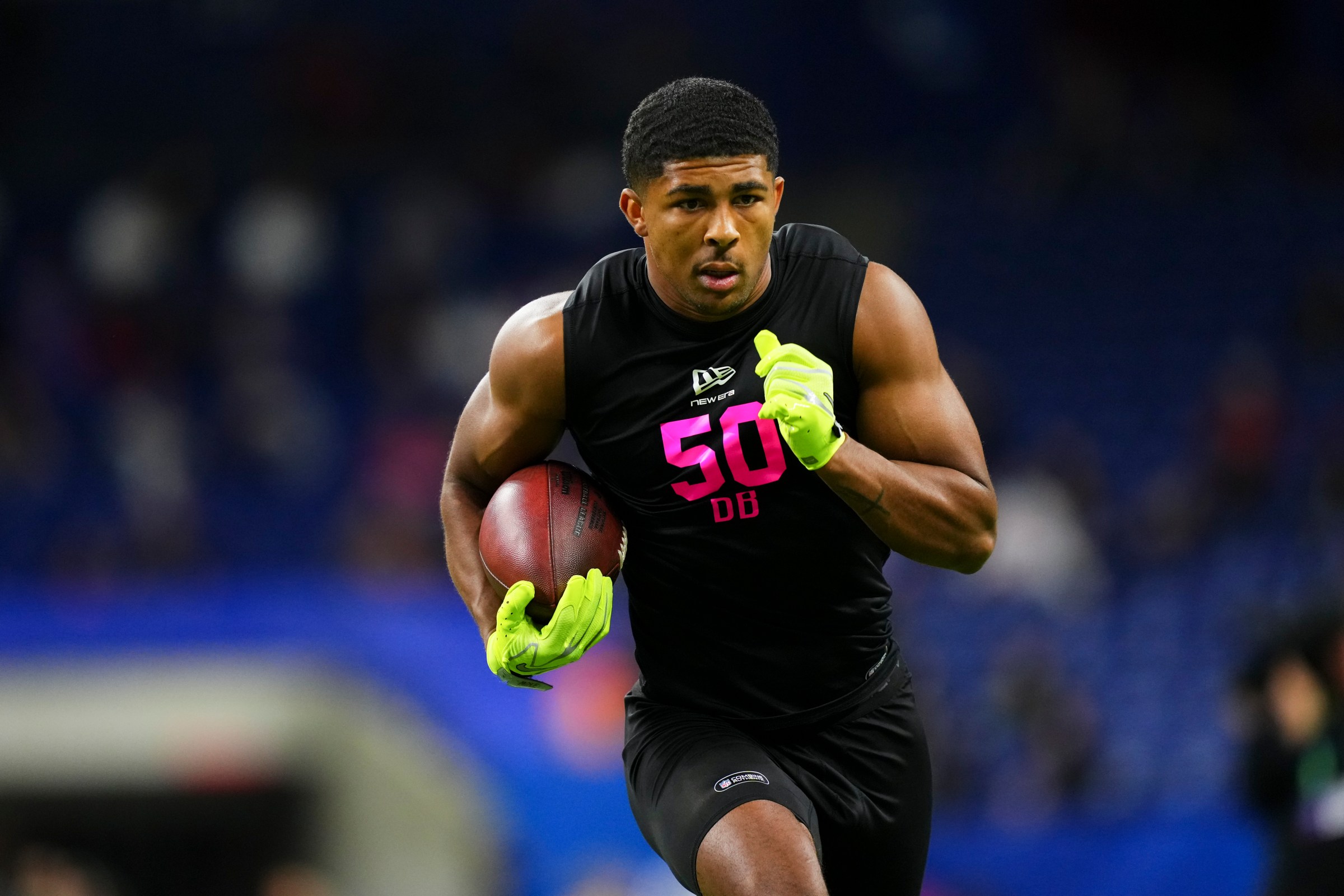 INDIANAPOLIS, IN - FEBRUARY 27: Lorenzo Styles Jr. #DB50 of Ohio State participates in a drill during the 2026 NFL Scouting Combine at Lucas Oil Stadium on February 27, 2026 in Indianapolis, Indiana. (Photo by Cooper Neill/Getty Images)