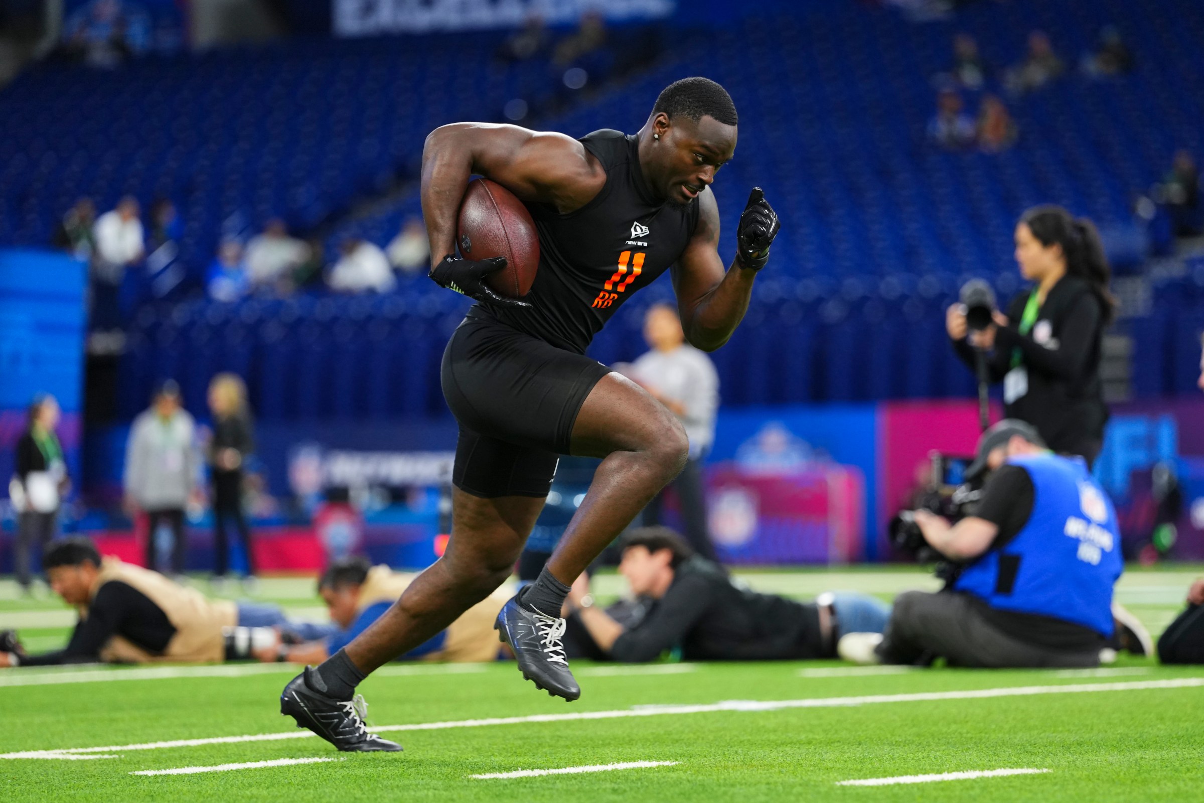 INDIANAPOLIS, IN - FEBRUARY 28: Jeremiyah Love #RB11 of Notre Dame participates in a drill during the 2026 NFL Scouting Combine at Lucas Oil Stadium on February 28, 2026 in Indianapolis, Indiana. (Photo by Cooper Neill/Getty Images)