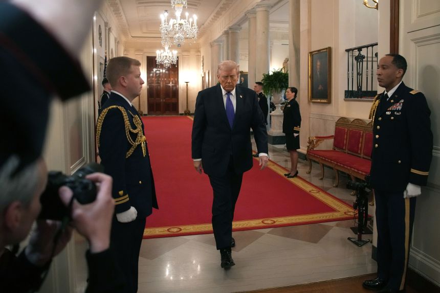 President Donald Trump arrives for a Medal of Honor Ceremony in the East Room of the White House on March 2, 2026.