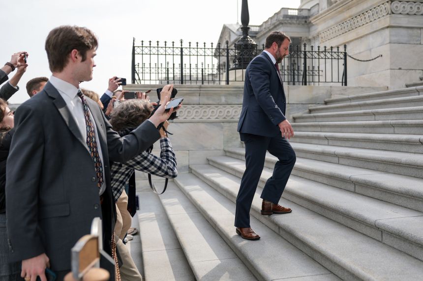 U.S. Sen. Markwayne Mullin speaks to reporters as he arrives at the U.S. Capitol Building in Washington, D.C.,  on March 5, 2026 in Washington.
