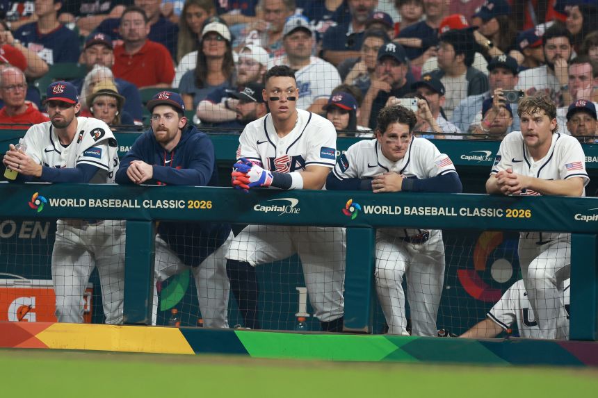 Team United States looks on from the dugout during a surprising loss to Team Italy on March 10 in Houston, Texas.