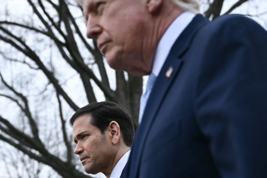 US President Donald Trump walks with US Secretary of State Marco Rubio as he departs from the South Lawn of the White House in Washington, DC, on Friday, March 20, 2026.