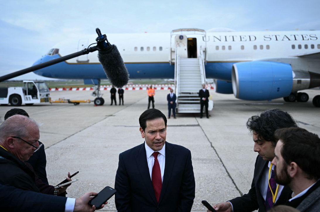 Secretary of State Marco Rubio speaks to the press following a G7 Foreign Ministers' meeting with Partner Countries before his departure at the Bourget airport in Le Bourget, outside Paris, on March 27, 2026.