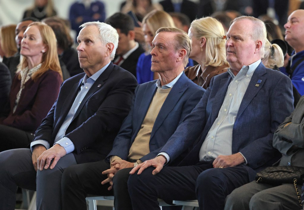 From left: Giants co-owners Steve Tisch, Chris Mara and John Mara during a press conference where John Harbaugh was introduced as the new Giants head coach on Jan. 20, 2026.
