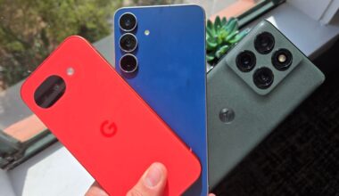 A red Google's Pixel 10A, blue Samsung Galaxy S25 FE and green Motorola Edge.