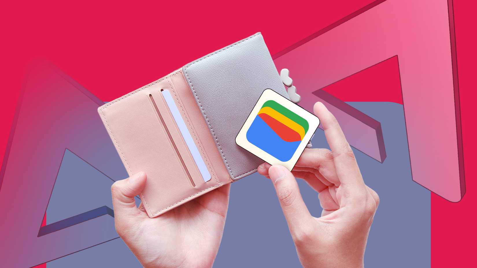 One hand holding an open wallet while the other hand holds the Google Wallet logo