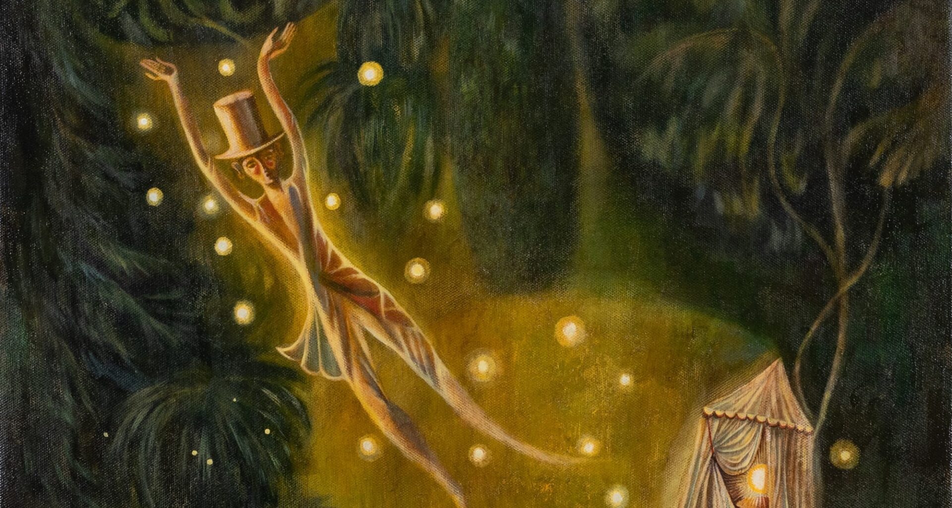 a surreal illustration by Olaf Hajek with a figure floating away from a glowing tent in a forest