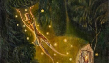 a surreal illustration by Olaf Hajek with a figure floating away from a glowing tent in a forest