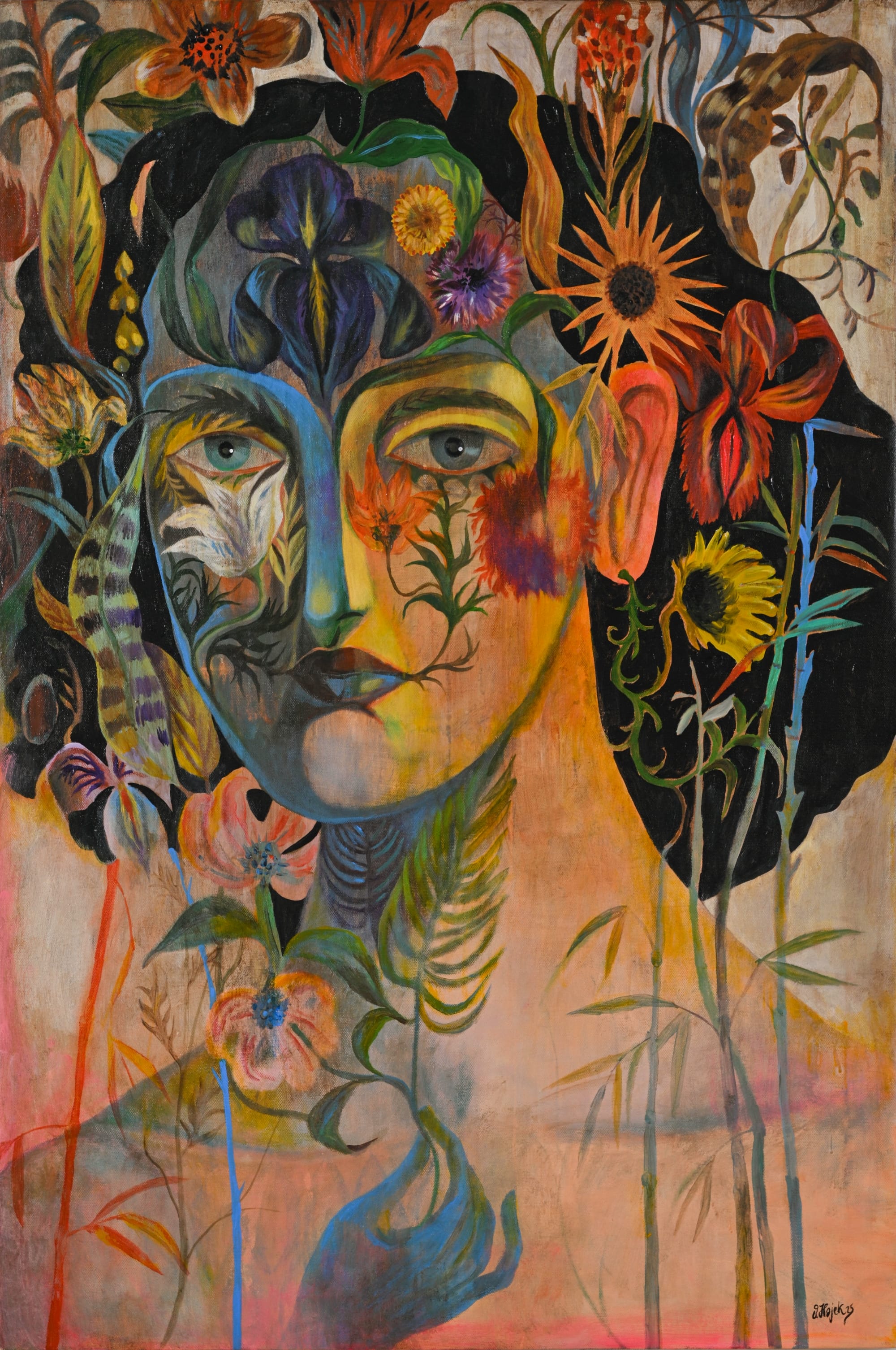 a surreal illustration by Olaf Hajek featuring a figure with florals superimposed on top