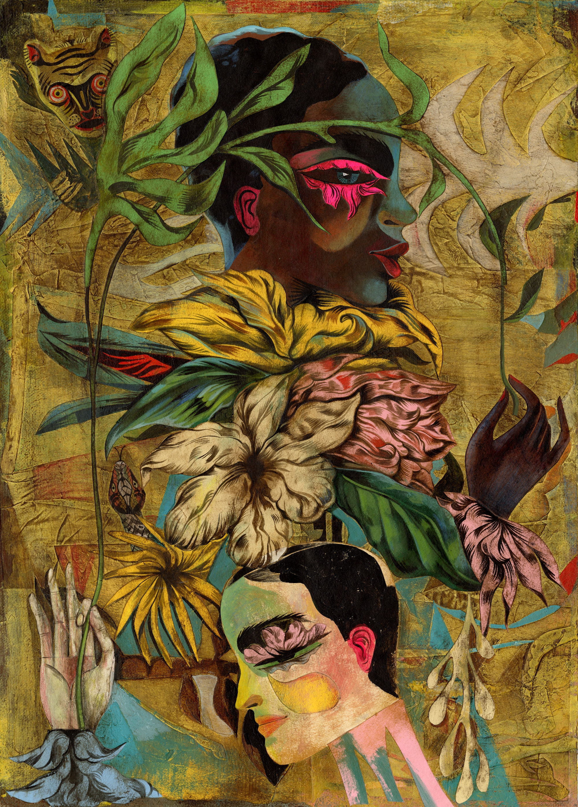 a surreal illustration by Olaf Hajek featuring flowers and two figures