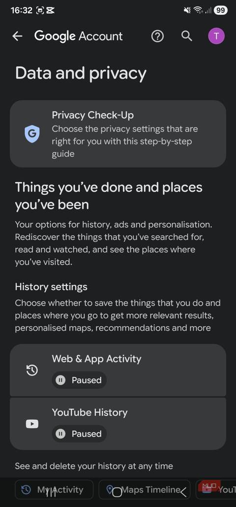History settings in Google account