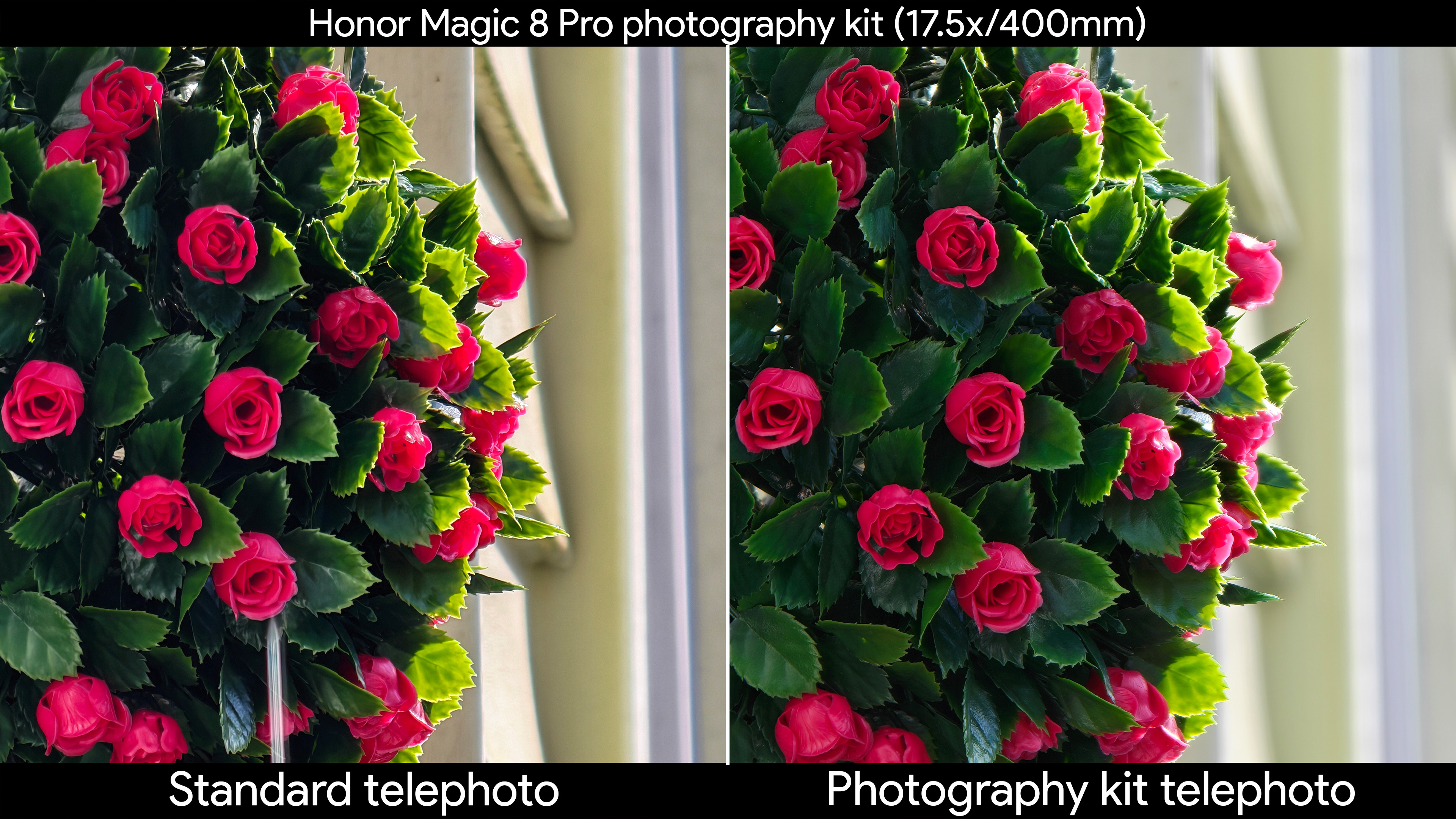 Comparing the Honor Magic 8 Pro's standard telephoto camera to the quality produced by the official photography kit's telephoto extender lens