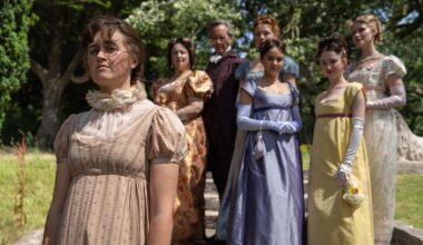 Mary Bennet (ELLA BRUCCOLERI);Mrs Bennet (RUTH JONES);Mr Bennet (RICHARD E GRANT);Lizzie Bennet (POPPY GILBERT);Kitty Bennet (MOLLY WRIGHT);Lydia Bennet (GRACE HOGG-ROBINSON);Jane Bennet (MADDIE CLOSE) in The Other Bennet Sister