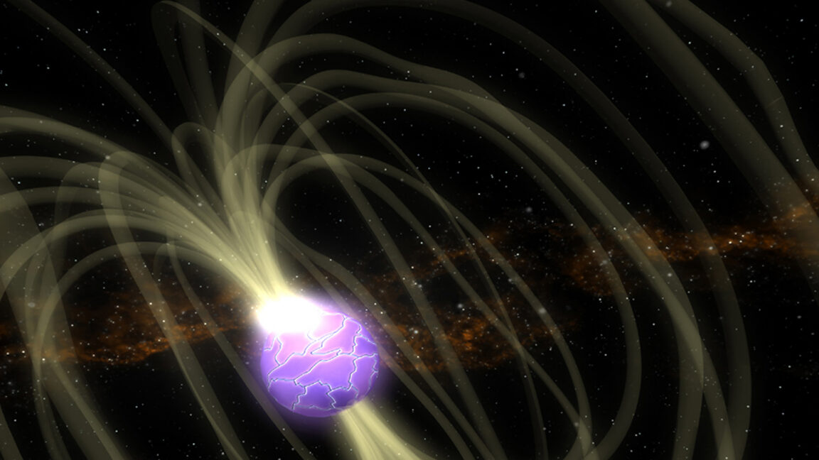 Image of a purple sphere on a star studded background. The sphere has a series of glowing yellow lines curving out from its poles.
