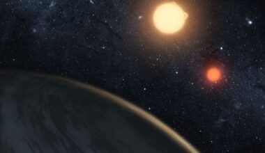 Artist's illustration of an exoplanet orbiting two stars. (Credit: NASA/JPL-Caltech/T. Pyle)