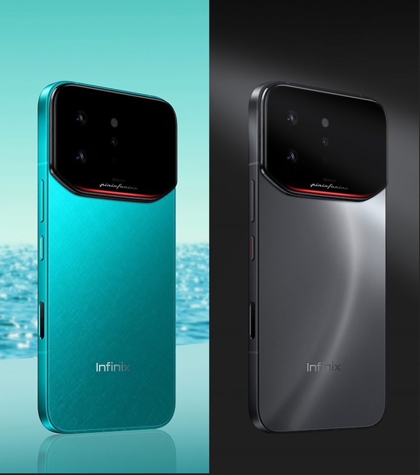 The Infinix Note 60 Ultra phone by Pininfarina in the colours Amalfi Blue and Roma Silver