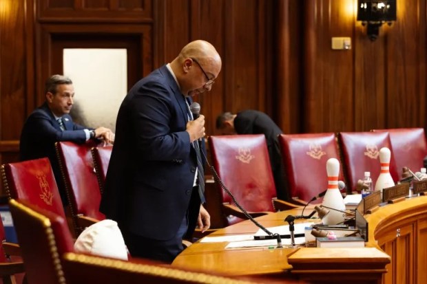 Sen. Jorge Cabrera, a Hamden Democrat, is calling for reining in healthcare costs. Here, he speaks during a debate on the Senate floor that is based partially on his family's personal experience with healthcare. (Shahrzad Rasekh / CT Mirror)