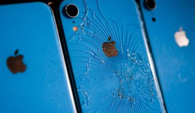 Smashed Iphones are seen during COP28 in Dubai, United Arab Emirates on November 30, 2023.