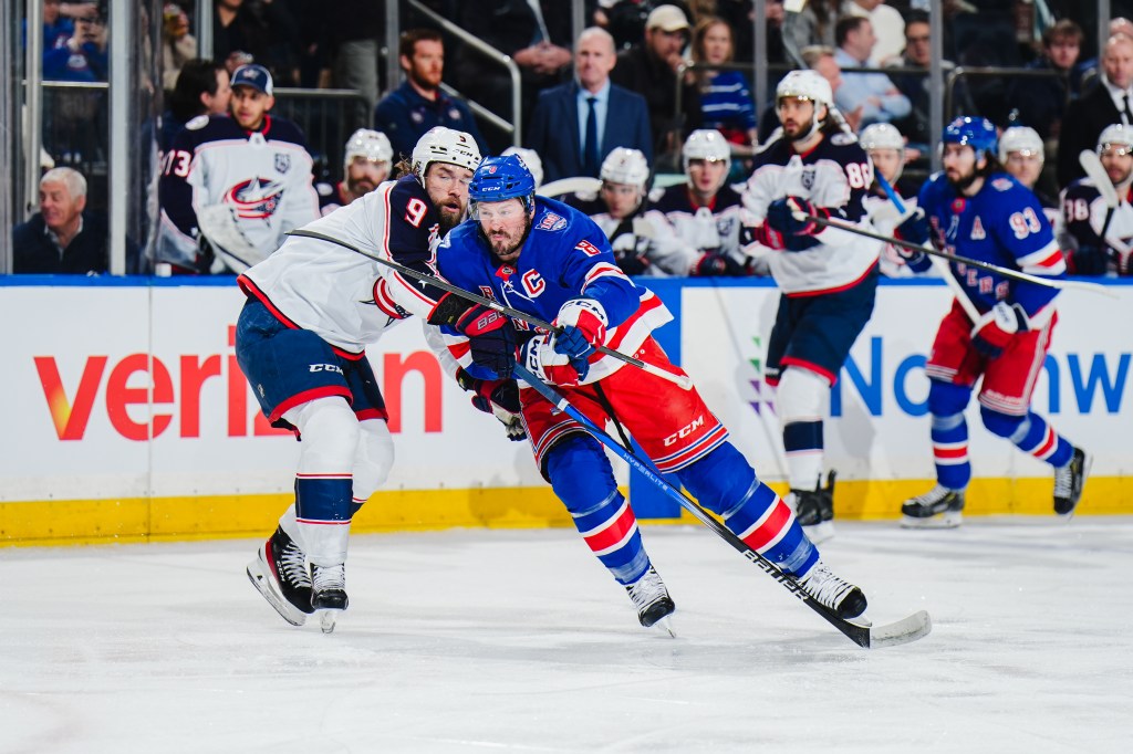 Rangers forward J.T. Miller (8) skates against the Blue Jackets on March 2, 2026.