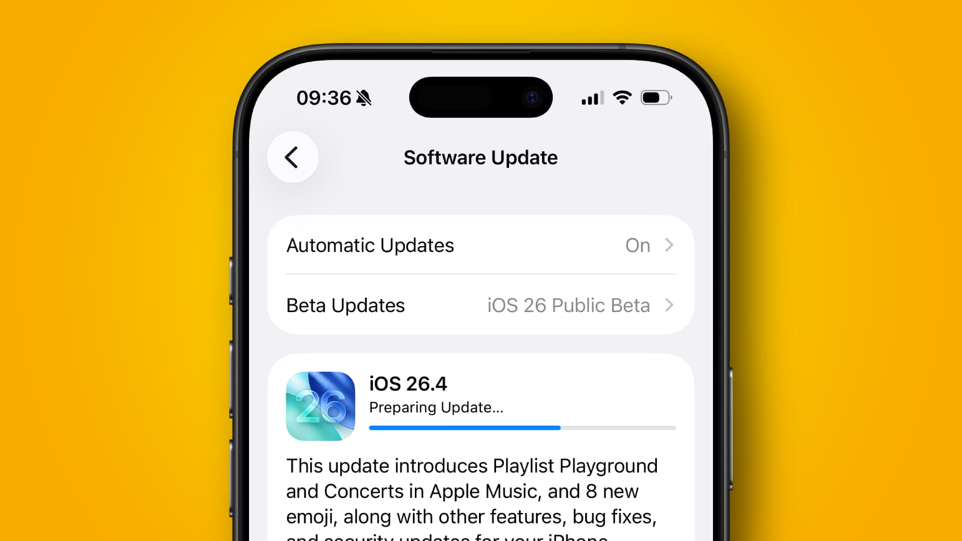 An iPhone 16 Pro updating to the iOS 26.4 beta.