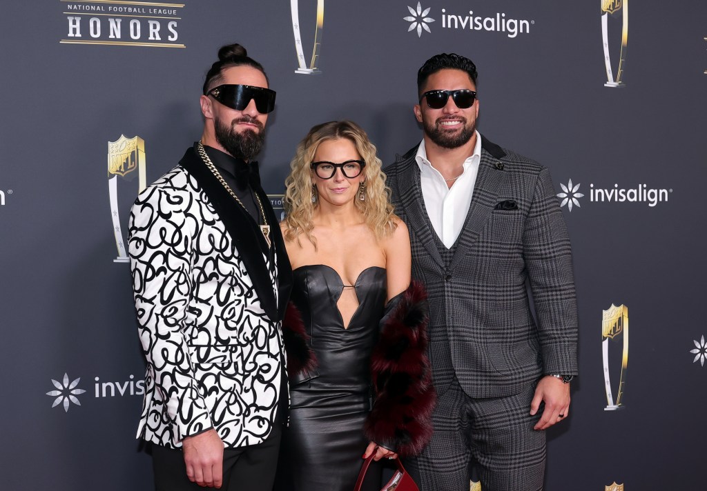 Seth Rollins, Jamie Erdahl and Manti Te'o attend the 15th Annual NFL Honors at Palace Of Fine Arts on February 5, 2026 in San Francisco, California.  