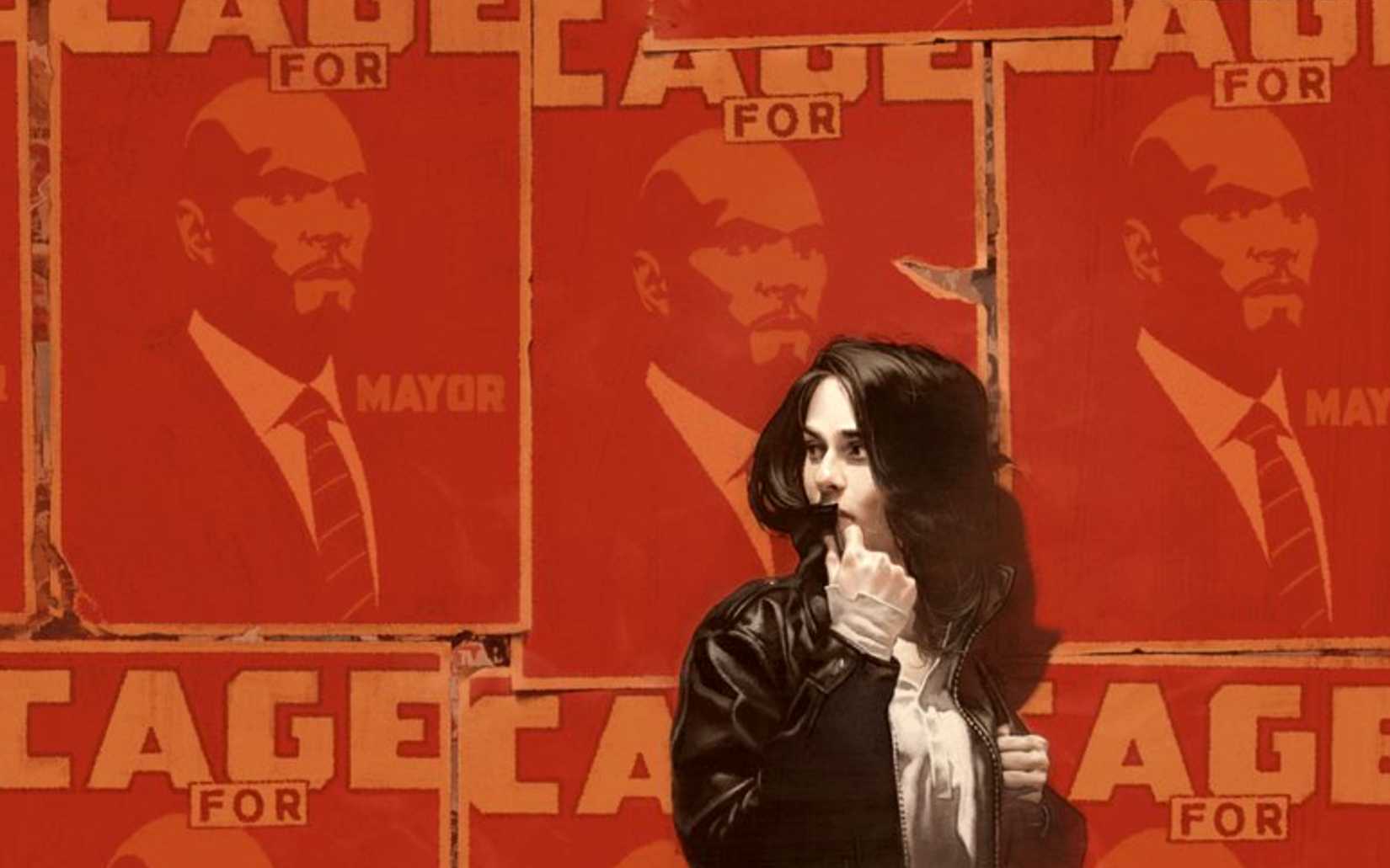 jessica jones investigating, surrounded by luke cage posters as mayor