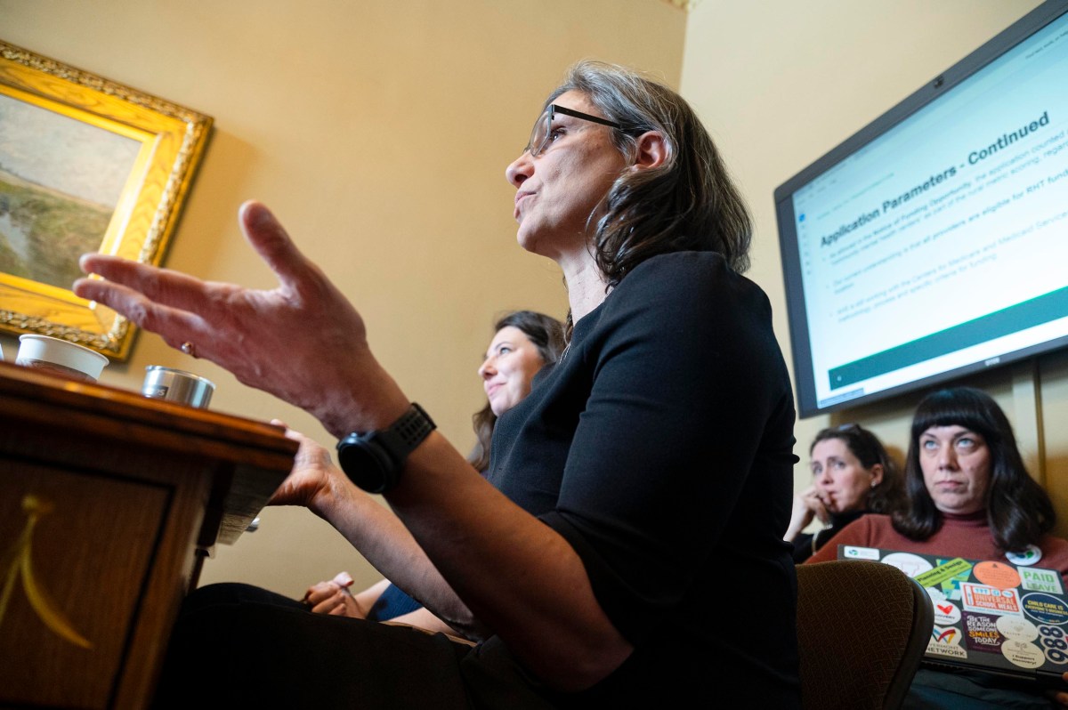 A group of women sit at a table in a meeting room; one woman is speaking, and a presentation slide titled "Application Parameters - Continued" is displayed on a screen behind them.