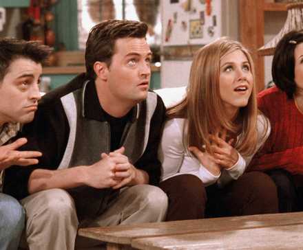 Joey Chandler Rachel and Monica looking up at Ross off camera in Friends