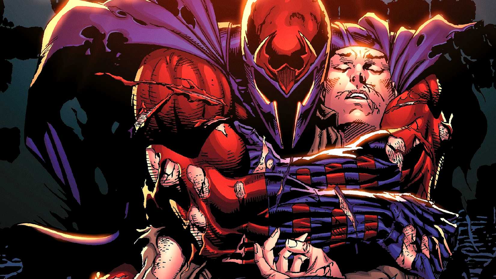 Magneto holds Charles Xavier aka Professor X in his arms during Age of Apocalypse prelude