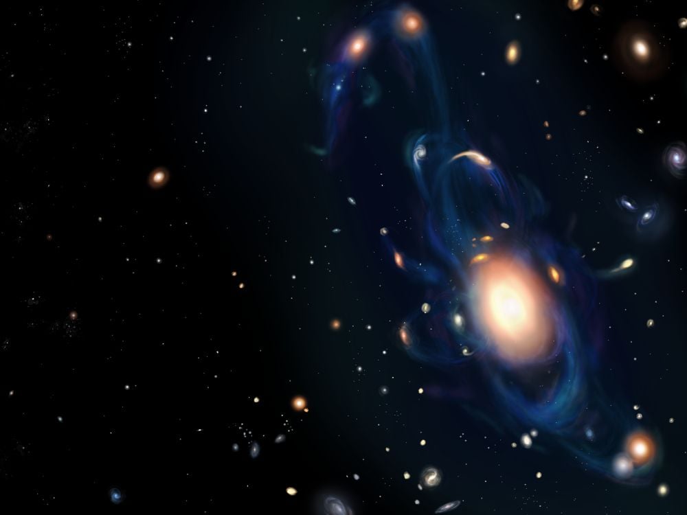 This artist's illustration shows a group of merging galaxies about 8.5 billion years away. A pair of merging neutron stars in one of these galaxies caused a kilonova explosion that generated what could be the most distant gamma-ray burst ever detected. Image Credit: Maria Cristina Fortuna/NASA/Chandra X-ray Center.