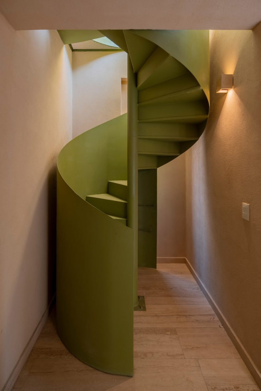 Green spiral staircase