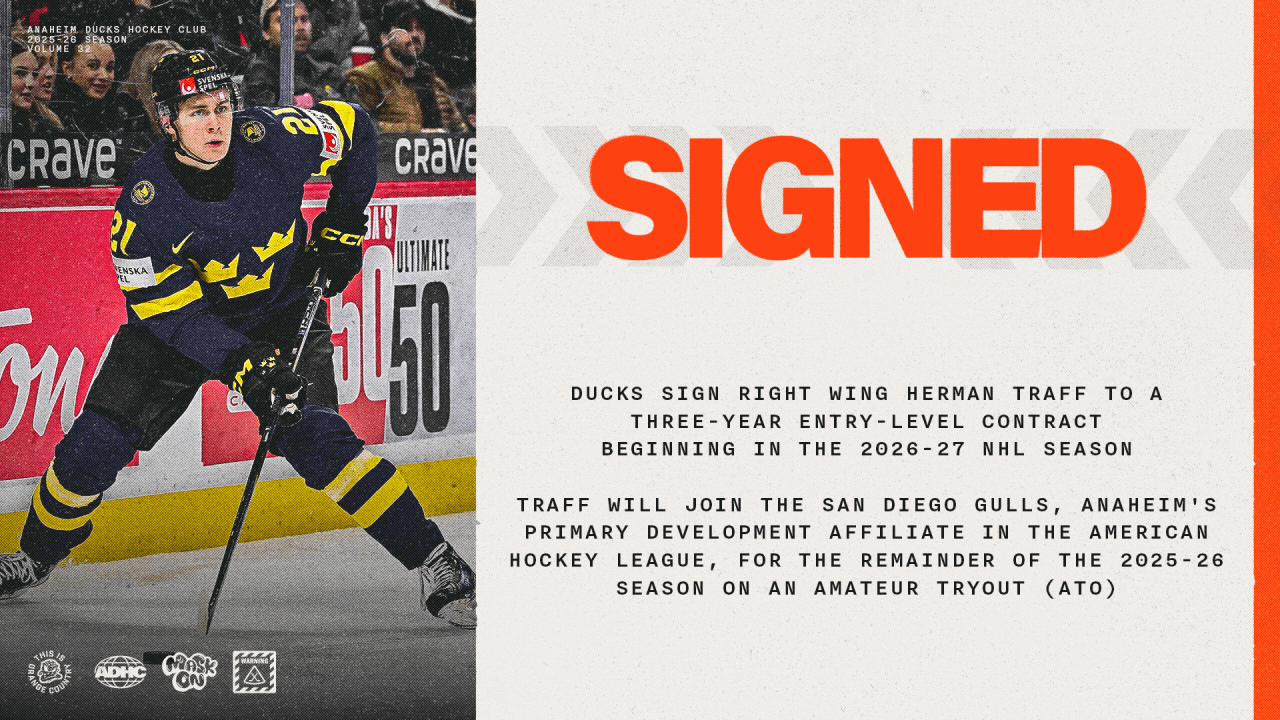 Ducks Sign Traff to Three-Year Entry-Level Contract